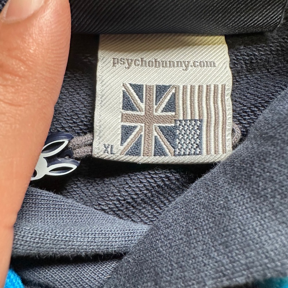 Psycho Bunny Mens XL Navy Blue Rainbow Logo Striped Pullover Hoodie Sweatshirt - Picture 6 of 7